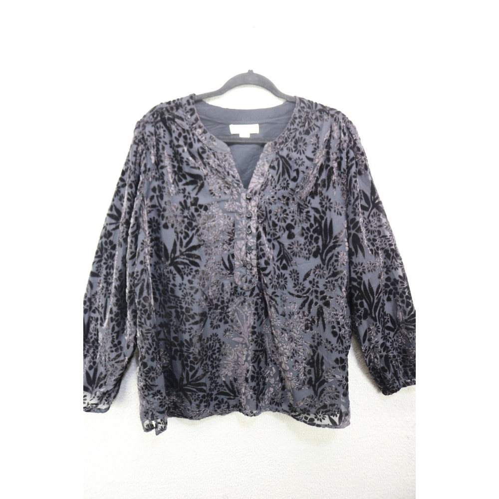 Coldwater Creek Velvet Burnout Long Sheer Puff Sleeve Button Up Top-XL-Goth